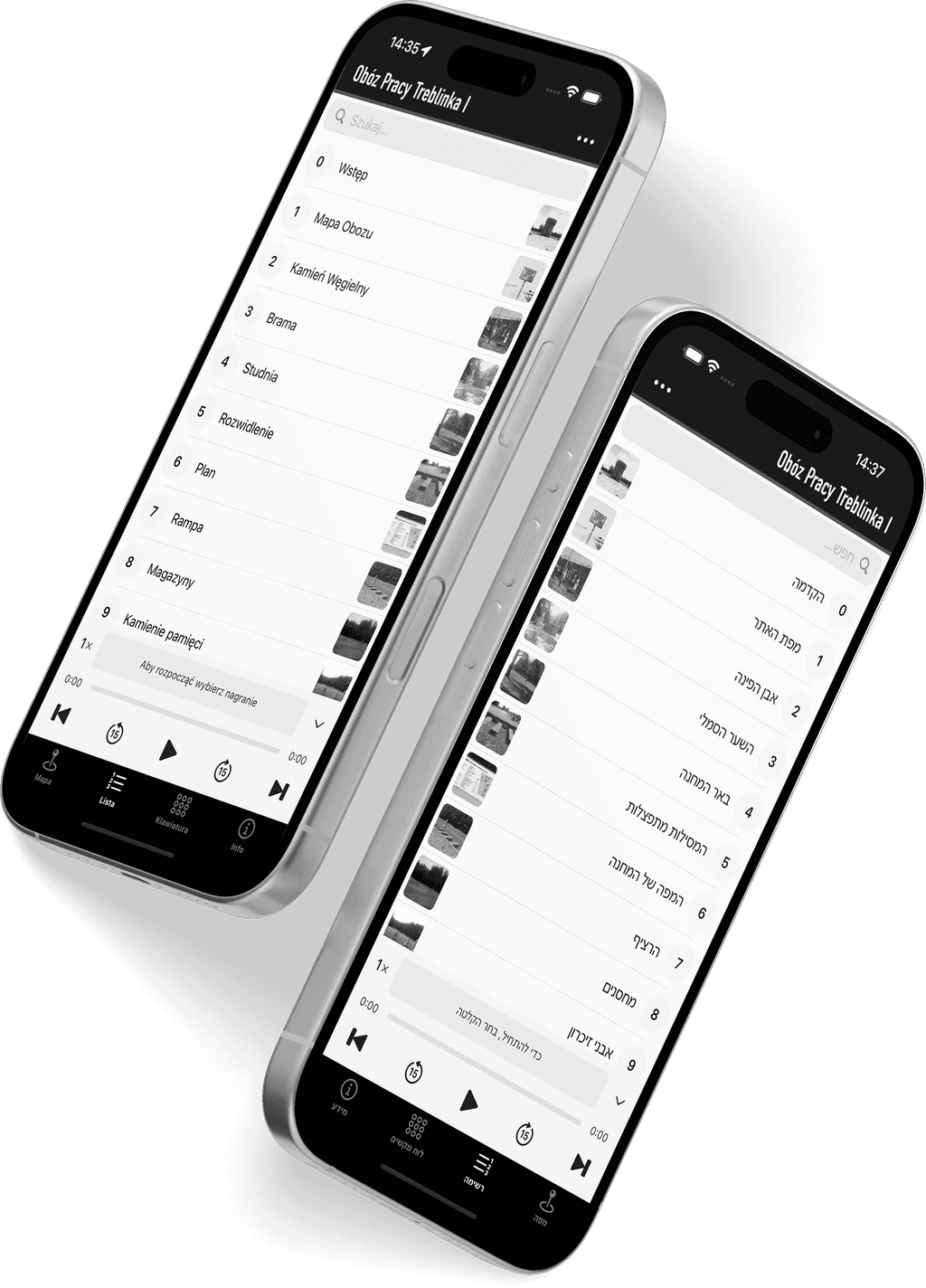 aplikacja audioprzewodnikowa uruchomiona na telefonach iPhone i Android. Na pierwszym telefonie widoczny ekran prezentujący zdjęcie oraz opis wnętrza Zamku w Łańcucie, na drugim telefonie widoczna jest mapa Parku Etnograficznego w Wgiełzowie.