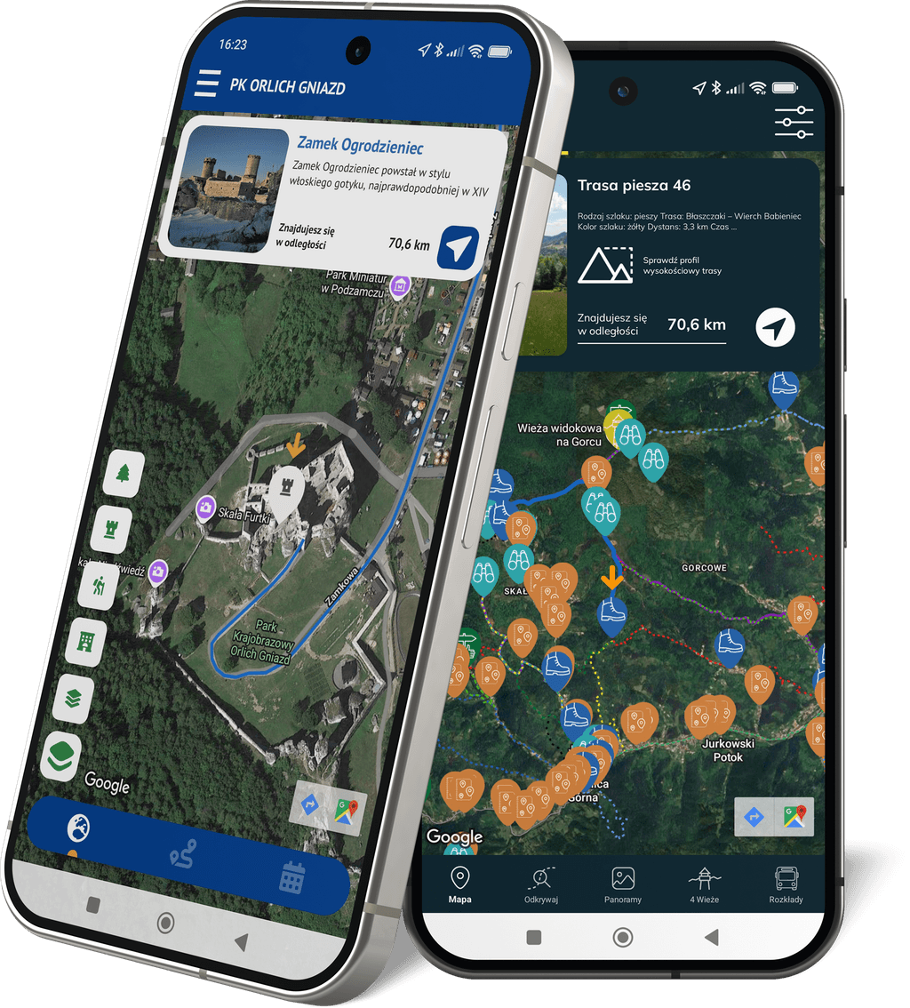 aplikacja przewodnik turystyczny uruchomiona na telefonach Google Pixel. Prezentowane są ekrany mapy z aplikacji Park Krajobrazowy Orlich Gniazd i Be Active in Ochotnica And Tylmanowa